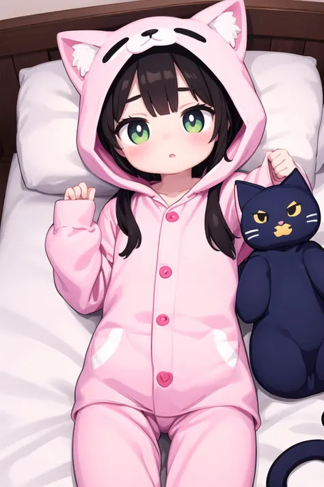 1girl,cat kigurumi pajamas,lying,on back,on bed,cowboy shot,