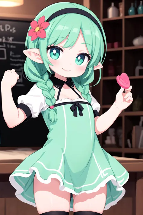 1girl,mint Fishtail braid,mint thighhighs,mint dress,puffy short sleeves,hair flower,hairband,pointy ears,smile,petticoat,