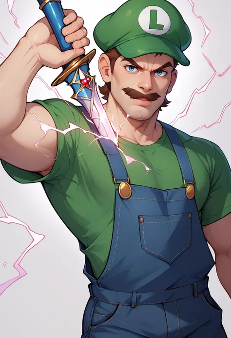 score_9, score_8_up, score_7_up, score_6_up, BREAK abstract background,human scabbard, holding,holding weapon, holding sword,electricity, mature male,luigi (super mario), overalls,green shirt <lora:BoobaSword:1>