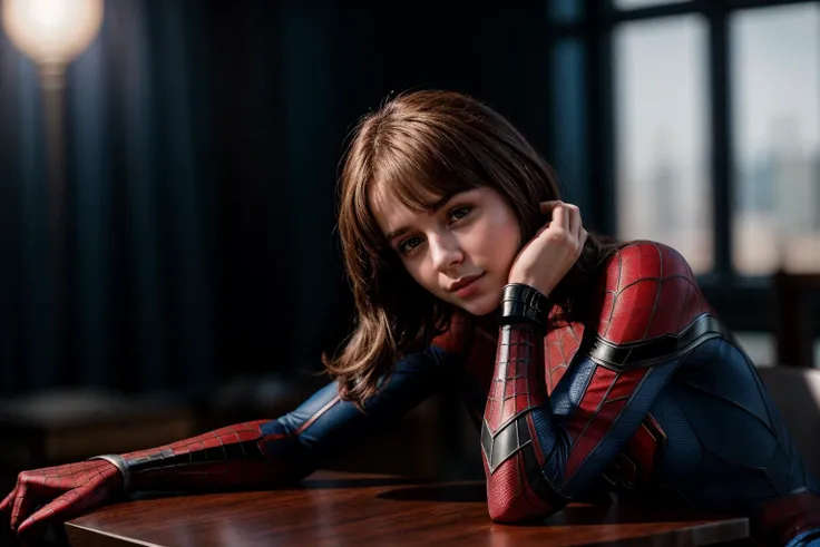 Marvel movies,photo of a 18 year old girl,spiderman,rest her head and arms on the table,ray tracing,detail shadow,shot on Fujifilm X-T4,85mm f1.2,depth of field,blurry background,bokeh,motion blur,<lora:add_detail:1>,