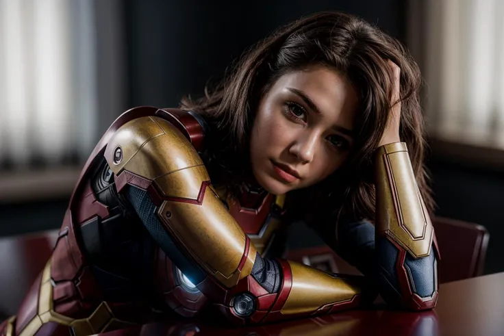 Marvel movies,photo of a 18 year old girl,ironman,rest her head and arms on the table,ray tracing,detail shadow,shot on Fujifilm X-T4,85mm f1.2,depth of field,bokeh,motion blur,<lora:add_detail:1>,