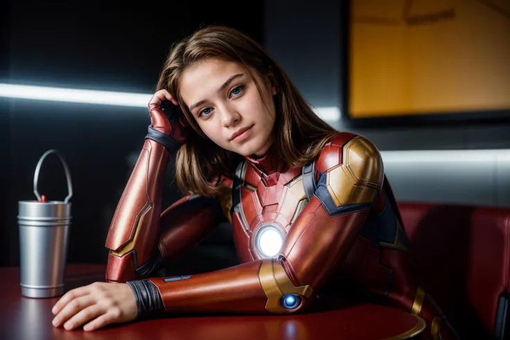 Marvel movies,photo of a 18 year old girl,ironman,rest her head and arms on the table,ray tracing,detail shadow,shot on Fujifilm X-T4,85mm f1.2,depth of field,bokeh,motion blur,<lora:add_detail:1>,