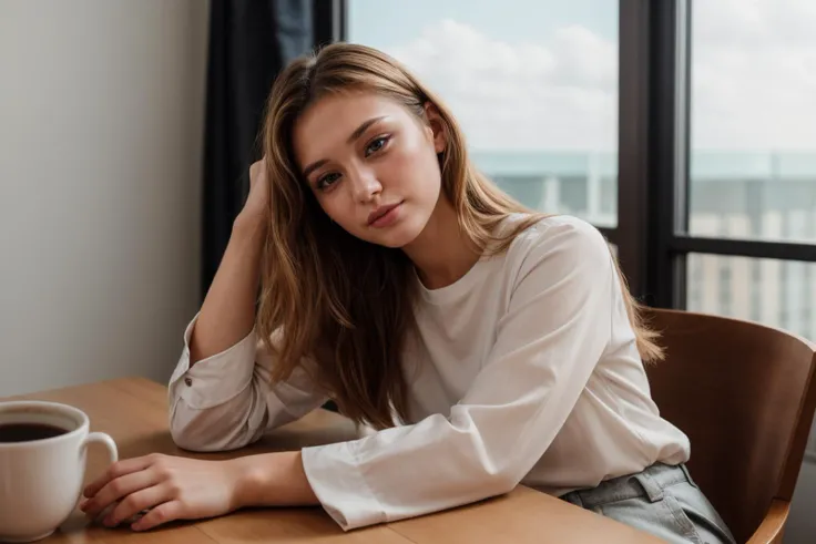 photo of a 25 year old girl,rest her head and arms on the table,shirt,pants,ray tracing,detail shadow,shot on Fujifilm X-T4,85mm f1.2,depth of field,bokeh,motion blur,<lora:add_detail:1>,