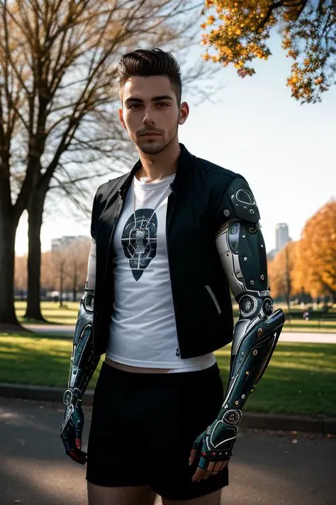 masterpiece, best quality, (black cyber arm), man, crop jacket + short slevees, white t-shirt, in park, portrait view, looking at viewer, dark lighting, <lora:cyber arm:0.7>