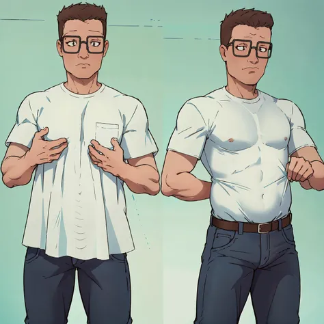 (masterpiece,best quality,absurdres,beautiful,aesthetic,detailed),simple background,IncrsPajChal,multiple views,2d illustration,white shirt,hank hill,male focus,jeans,glasses <lora:PajamasChallenge:1> <lora:Hank_Hill_SD_1.5:1>