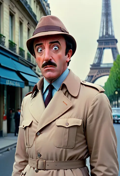 arafed man in trench coat and hat standing in front of the eiffel tower