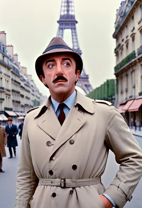 arafed man in trench coat and hat standing in front of the eiffel tower