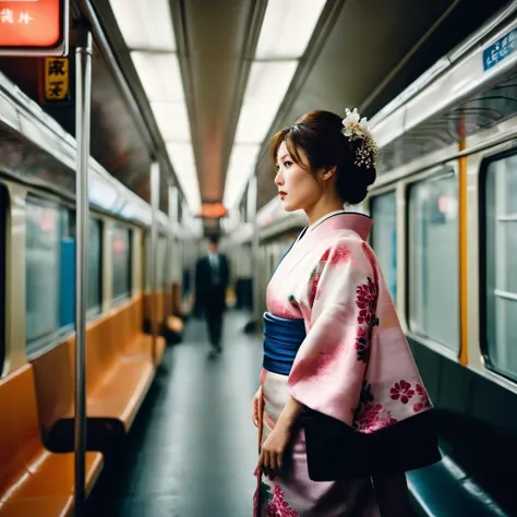 cinematic film still of  <lora:Kodak Motion Picture Film Style v4:1>
Kodak vision3 500t full shot An Oscar winning movie for Best Cinematography a woman in a kimono standing on a subway train in Japan Kodak Motion Picture Film Style, shallow depth of field...