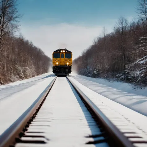 cinematic film still of  <lora:Kodak Motion Picture Film Style v4:1>
An landscape winning movie for Best Cinematography a train traveling down train tracks in the snow Kodak Motion Picture Film Style, shallow depth of field, vignette, highly detailed, high...