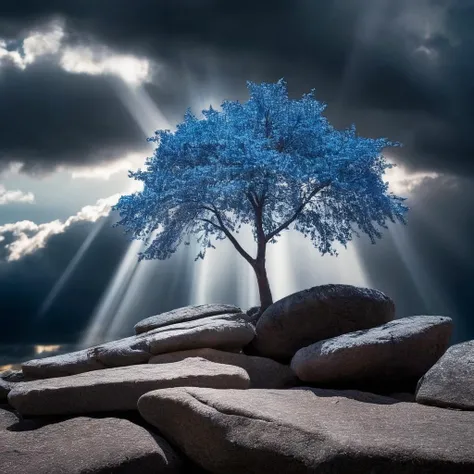 cinematic film still of  <lora:Kodak Motion Picture Film Style v4:1>
landscape Best Cinematic infrared Picture of a lone blue tree is growing on a rock with perfect high contrast dark cloud sky crepuscular rays Kodak Motion Picture Film Style, shallow dept...