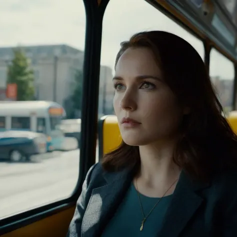 cinematic film still of  <lora:Kodak Motion Picture Film Style v4:1>
An kodak vision3 500t winning high contrast portrait movie for Best Cinematography a woman inside a bus looking out a window at a city Kodak Motion Picture Film Style, shallow depth of fi...