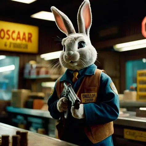 cinematic film still of  <lora:Kodak Motion Picture Film Style:1> "Detailed" "Sharp" "Vision 500T"
An Oscar winning movie for Best Cinematography a rabbit sitting in front of a gun smith shop in a dark room Kodak Motion Picture Film Style, shallow depth of...