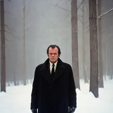 cinematic film still of  <lora:Kodak Motion Picture Film Style3:1> Cinematic, Grainy:1, Detailed, Sharp Image, of
1970s An Oscar winning movie for Best Cinematography jack nicholson a man in a black jacket is staring at camera in a creepy look in a snow co...