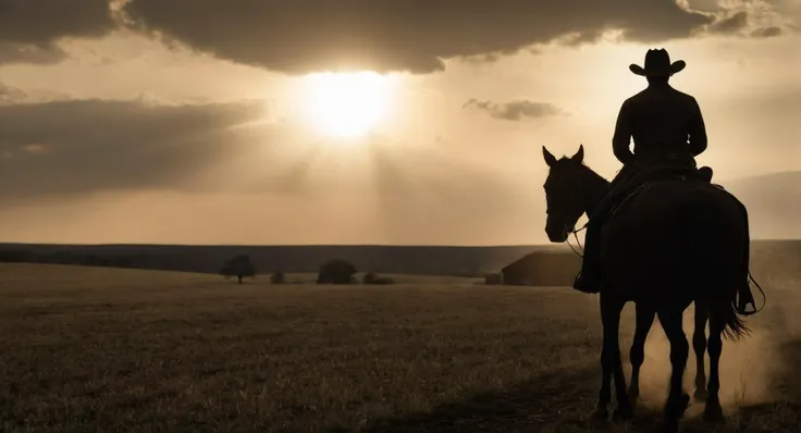 Dark Moody Atmosphere,  <lora:Kodak Motion Picture Film:1.5> Very Detailed, High Contrast, Sharp Focus, HDR, 8k resolution, F1.2 35mm lens, (FILM GRAIN), (Anamorphic)
An Oscar winning western movie for Best Cinematography a silhouette woman in a cowboy hat...