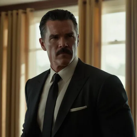 cinematic film still of  <lora:Kodak Motion Picture Film Style:1>
An Oscar winning gangster movie for Best Cinematography Josh Brolin a man in a film noir suit and tie looking off to the side inside a house room with window curtains behind Kodak Motion Pic...