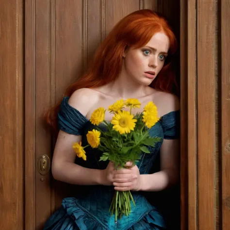 Hyperrealistic art of  <lora:Kodak Motion Picture Film Style:1.2>
An Oscar winning movie for Best Cinematography a red hair big breasts woman in a corset holding a bunch of flowers staring with big eyes and scared facial expression on her face behind a woo...