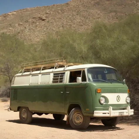 cinematic film still of HDR cinematic sharp detailed grain Film vision3 500t
 <lora:Kodak Motion Picture Film Style3:1.2>
1970s Best Cinematography a woman sitting on the top of a green olive van in desert area with perfect warm sunlight on Kodak Motion Pi...