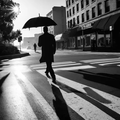 HDR photo of  Cinematic, Grainy:1.5, Detailed:1, Sharp Image:1.2, of
 <lora:Kodak Motion Picture Film Style3:1>
Best Cinematic black and white Picture of a silhouette person walking across a crosswalk with an umbrella in a morning sunny daylight Kodak Moti...