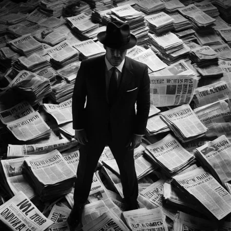 Dark Fantasy Art of  <lora:Kodak Motion Picture Film Style:1.2>
An Oscar winning black and white movie for Best Cinematography a high angle shot of a man in a suit and hat standing in a pile of newspapers looking up to the camera Kodak Motion Picture Film ...