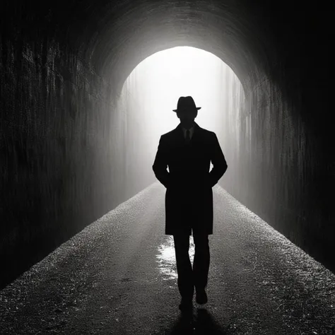 Dark Fantasy Art of <lora:Kodak Motion Picture Film:1.2>  (Sharp Detailed Image Grain)
An Oscar winning film noir movie for Best Cinematography a silhouette man in a dark tunnel with a light at the end Kodak Motion Picture Film Style, dark, moody, dark fan...