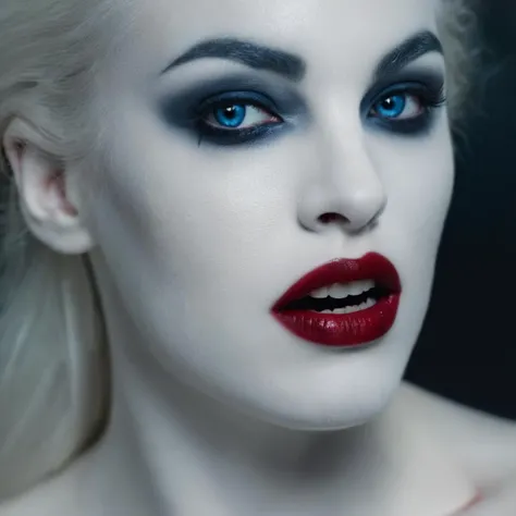 Horror-themed,  <lora:Kodak Motion Picture Film Style:1>
Florina Kendrick a creepy ice cold white vampire woman with a vampire makeup and a vampire fangs teeth and red lips and reflecting blue eyes posing in a scary way Kodak Motion Picture Film Style, Eer...