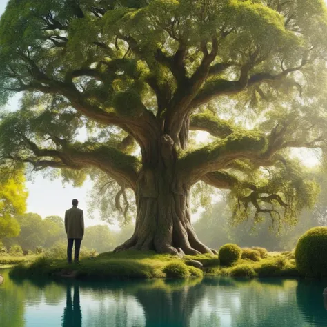 concept art of  <lora:Kodak Motion Picture Film:1.2>  (Sharp Detailed Image)
An Oscar winning movie for Best Cinematography a man standing in front of a tree of life in a lake in garden of eve at noon Kodak Motion Picture Film Style, digital artwork, illus...