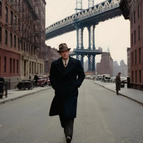 cinematic film still of  <lora:Kodak Motion Picture Film Style3:1> Cinematic, Grainy:1, Detailed, Sharp Image, of
wide shot in 1930s An Oscar winning movie for Best Cinematography a young man is walking down a street in front of a Manhattan bridge in 1930s...