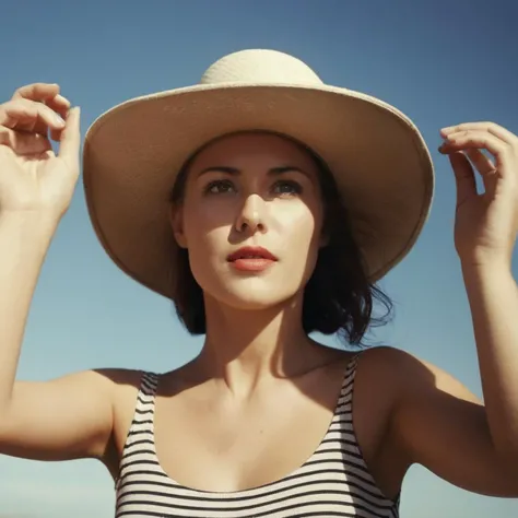 analog film photo of  <lora:Kodak Motion Picture Film Style v4:1>
1980s kodak vision3 500t Best Cinematic black and white low angle from below Picture of a woman with a hat on her head in perfect sunny daylight Kodak Motion Picture Film Style, faded film, ...