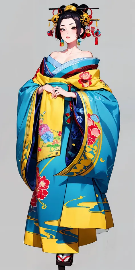 a woman in a blue and yellow kimono is standing