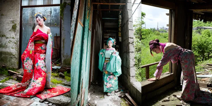 two women in kimonos are standing in a dilapidated building