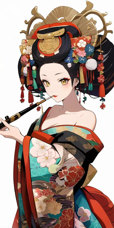 a woman in a kimono outfit holding a pipe and a flower