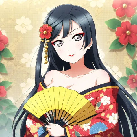 anime girl with long black hair holding a fan and a fan