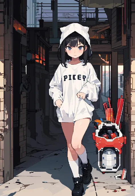 anime girl in white shirt and black boots walking down a street