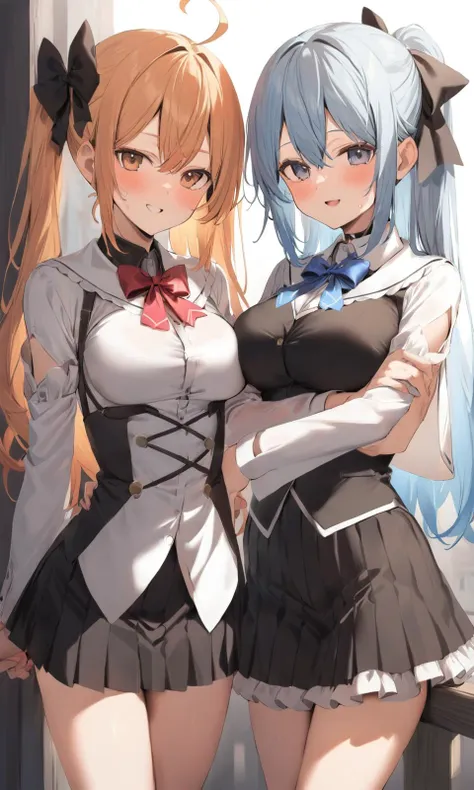 two anime girls in school uniforms posing for a picture