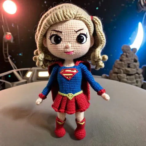 supergirl , action pose, fisheye lens, 
starship construction dock ,
movie scene  in amigurumi style, extremely fuzzy yarn, mixe...