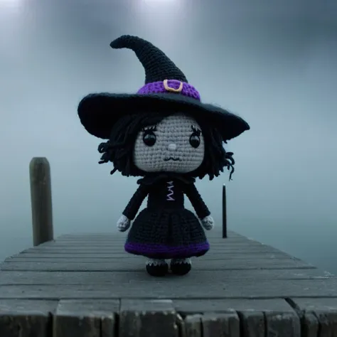 witch,
sinister, fog-covered dock,
movie scene  in amigurumi style, extremely fuzzy yarn, 
hd, 8k, highly detailed, perfect comp...