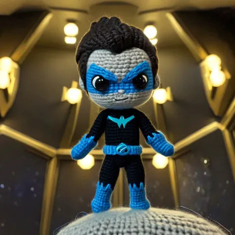 nightwing , action pose, fisheye lens, 
galactic council chamber ,
movie scene  in amigurumi style, extremely fuzzy yarn, mixed ...