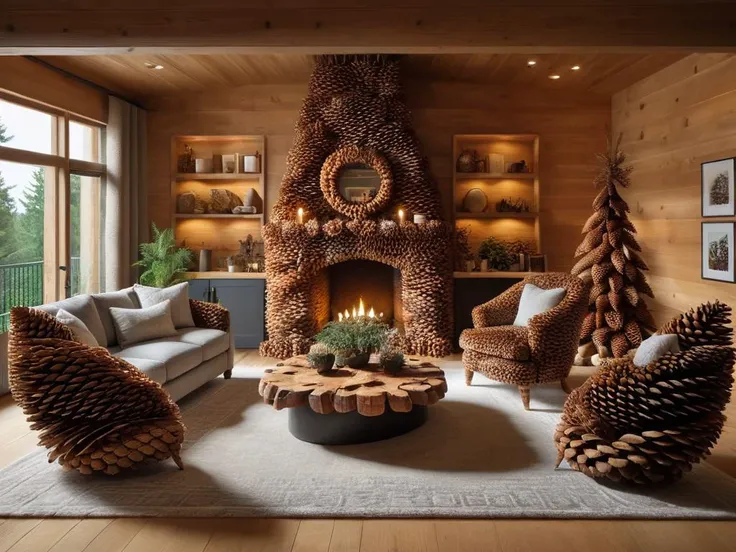 a close up of a living room with a fireplace and a lot of pine cones