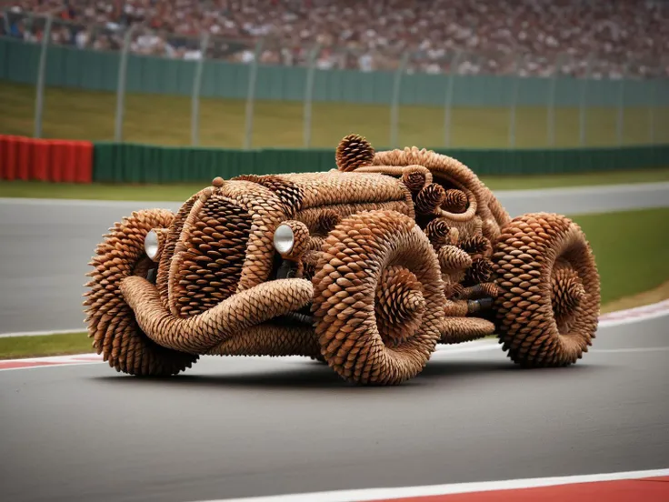 A ral-pinecone F1 car covered, racing down the straight of a race track, <lora:ral-pinecone-sdxl:1>, masterpiece, best quality,