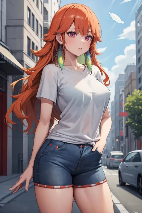 a woman with long red hair and blue shorts standing on a street