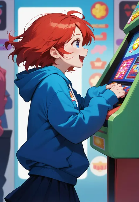 score_9, score_8_up, score_7_up, red hair, blue eyes, hoodie, skirt, 1girl, solo, arcade cabinet, arcade, excited, from side