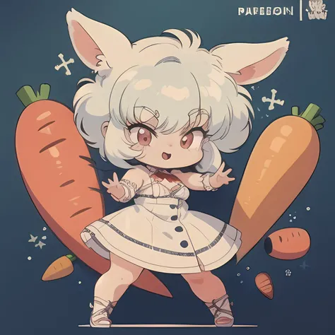 <lora:BluetheboneArtist-13:1.2>  ,  bluetheboneaistyle, 1980s (style), flat colors,
full body, chibi, 1girl, giant carrot , rabbit ears, white hair , red eyes,white dress