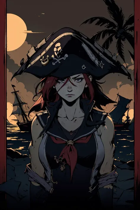 a woman in a pirate hat standing in front of a ship