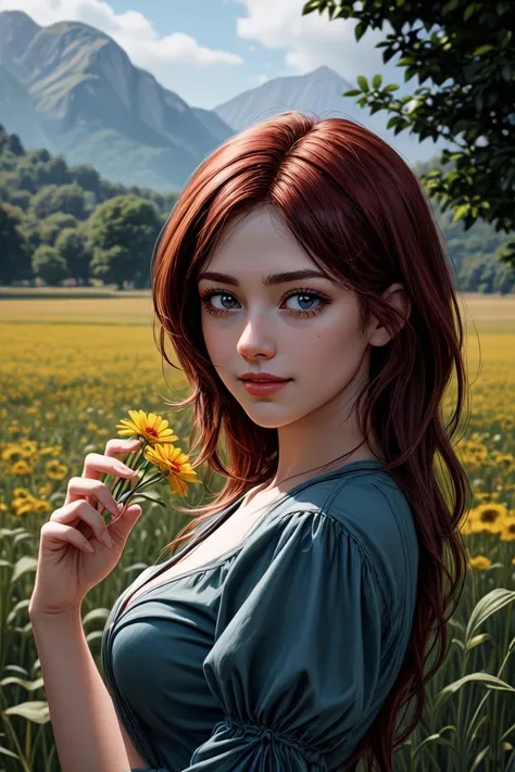 breathtaking 1girl in a dress picking flowers in a field, redhead, smiling, skin texture, skin blemishes, highly detailed, digital painting, artstation, concept art, smooth, sharp focus, illustration, unreal engine 5, 8 k, art by artgerm and greg rutkowski...