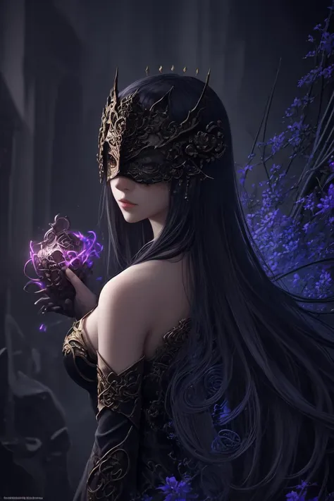 a woman with long black hair and a mask holding a purple flower