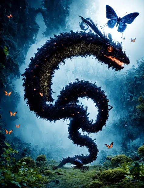 a dragon with a butterfly on its head in a forest