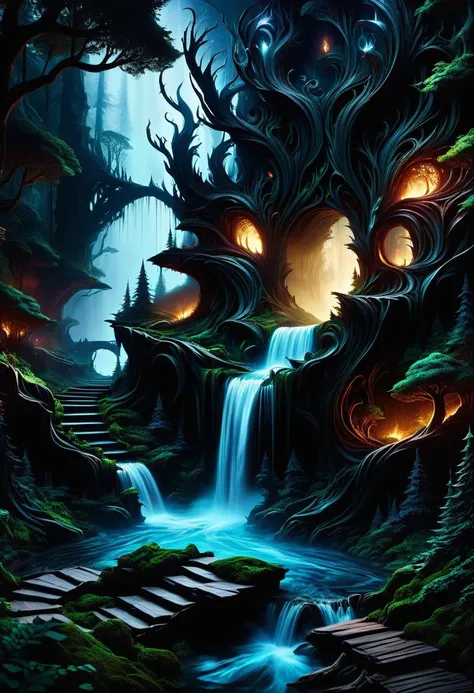 a painting of a waterfall in a forest with a waterfall running down it