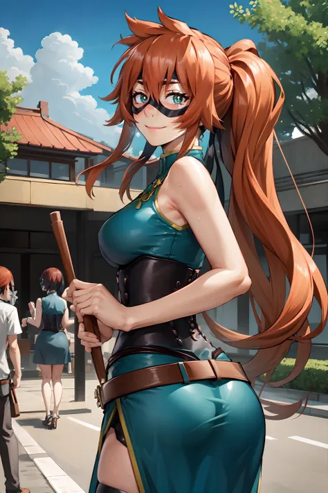 ItsukaHS1, solo, orange hair, 1girl, long hair, looking at viewer, smile, side ponytail, breasts, (mask:1.3), (domino mask:1.3), green eyes, ponytail, closed mouth, hair between eyes, cowboy shot, blush, standing, sleeveless, belt, chinese clothes, (eye ma...