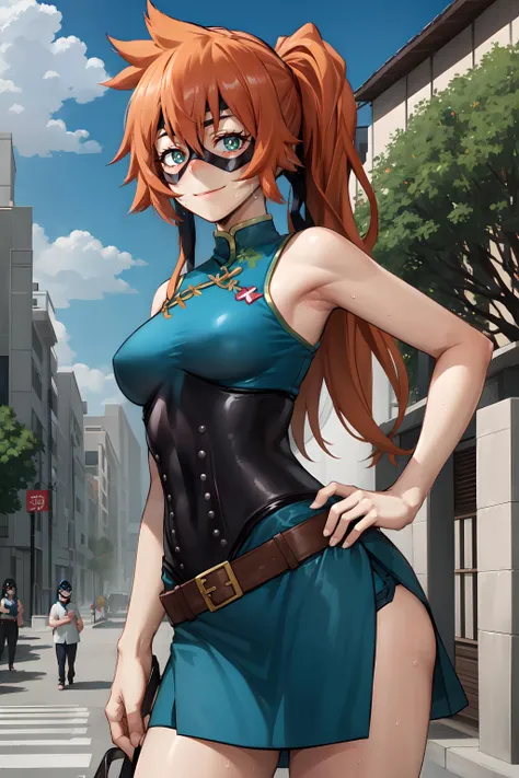 ItsukaHS1, solo, orange hair, 1girl, long hair, looking at viewer, smile, side ponytail, breasts, (mask:1.3), (domino mask:1.3), green eyes, ponytail, closed mouth, hair between eyes, cowboy shot, blush, standing, sleeveless, belt, chinese clothes, (eye ma...