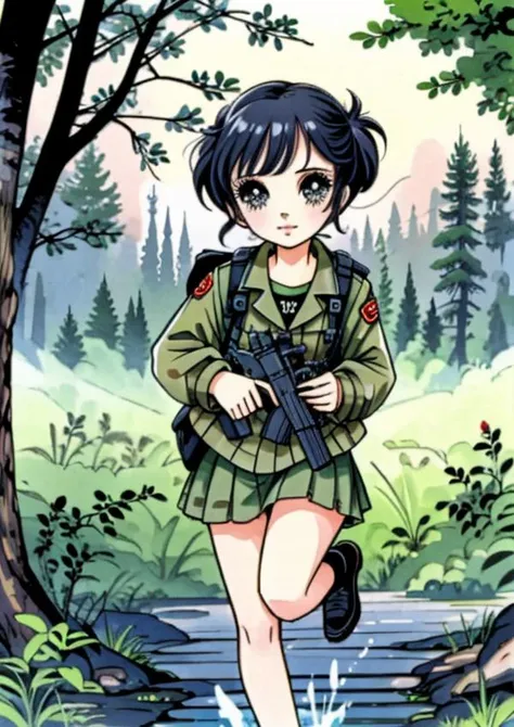 a woman in uniform walking through a forest with a rifle